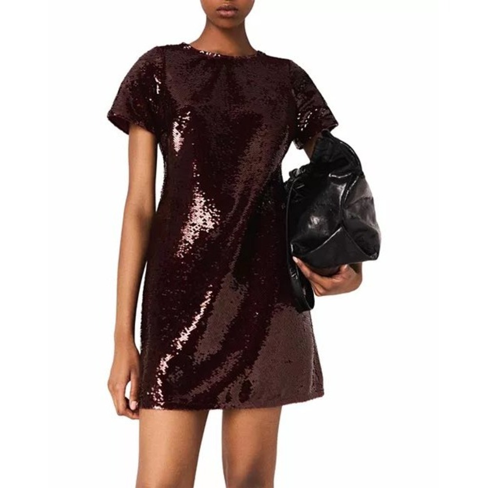 Maje Requina Sequined Mini‎ Dress Bordeaux Wine Red Short Sleeve MFPRO04421 T38